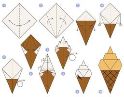 ice cream origami scheme tutorial moving model. Origami for kids. Step by step how to make a cute origami ice cream. Vector illustration.