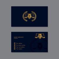 Navy blue lawyer business card with gold logo vector