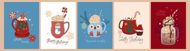 Collection of postcards with winter drinks. Vector graphics.