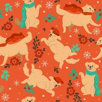 Seamless pattern with Christmas dogs in hats and scarves. Vector graphics.