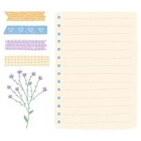 Blank notebook, cute note memo template, washi tape and dried flower. Vector elements used in a diary or office.