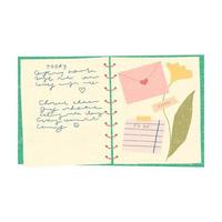 Open Notebook. Diary with stickers, notes, dried flower, washi tape. Hand drawn vector illustration. Isolated on white background