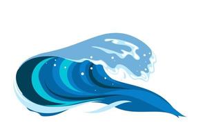 Tsumani wave in flat cartoon style. Big blue tropical water splash with white foam. Vector illustration isolated in white background