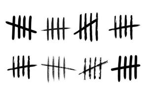 Tally mark number lines on the wall. Hand drawn sticks for counting time in prison. Vector illustration design set.