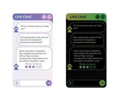 Chatbot window set. User interface of application with online dialogue. Conversation with a robot assistant vector