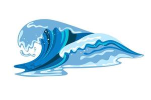 Tsumani wave in flat cartoon style. Big blue tropical water splash with white foam. Vector illustration isolated in white background