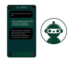 Chatbot window with robot icon. User interface of application with online dialogue. Conversation with a robot assistant vector