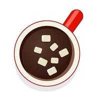 Hot chocolate with marshmallow top view. vector