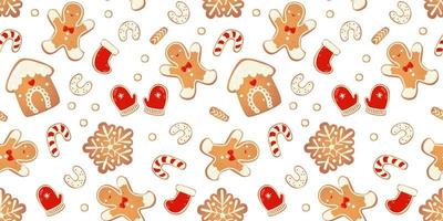 Christmas gingerbread vector seamless pattern.  Winter characters in cartoon style. Holiday design background. New year scandinavian style.