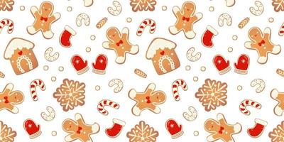 Christmas gingerbread vector seamless pattern.  Winter characters in cartoon style. Holiday design background. New year scandinavian style.