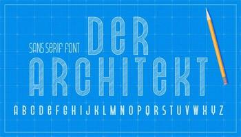 Blueprint architecture font. Capital sans serif letters alphabet. Sketch vector plan design background.