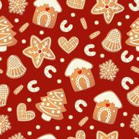 Christmas gingerbread vector seamless pattern.  Winter characters in cartoon style. Holiday design background. New year scandinavian style.