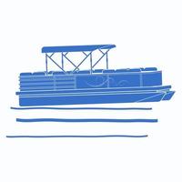 Editable Isolated Flat Monochrome Style Semi-Oblique Side View Pontoon Boat on Calm Water Vector Illustration with Blue Color for Artwork Element of Transportation or Recreation Related Design