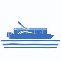 Editable Side View Pontoon Boat on Wavy Water Vector Illustration in Flat Monochrome Style with Blue Color for Artwork Element of Transportation or Recreation Related Design