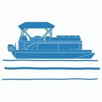 Editable Vector of Side View Pontoon Boat on Calm Water Illustration in Flat Monochrome Style with Blue Color for Artwork Element of Transportation or Recreation Related Design