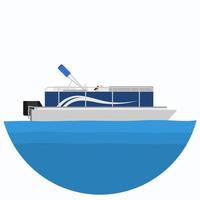 Editable Side View Pontoon Boat on Wavy Blue Water Vector Illustration in Circle Frame for Artwork Element of Transportation or Recreation Related Design