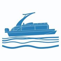 Editable Isolated Side View Sport Arch Pontoon Boat on Wavy Water Vector Illustration with Blue Color in Flat Monochrome Style for Artwork Element of Transportation or Recreation Related Design