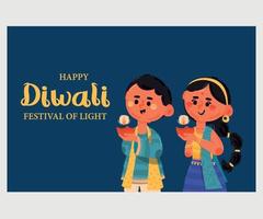 niños de diwali con fondo de lámparas de aceite vector