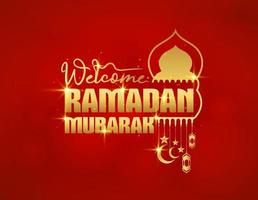 Welcome Ramadan Mubarak greeting card, poster and banner. Elegant Golden creative Islamic decoration on red background. Illustration of a mosque decorated with stars, crescent moons and arabic lantern vector