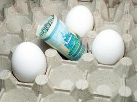 High cost. Imitation of products. Money with eggs. High price. Half-empty egg carton. photo