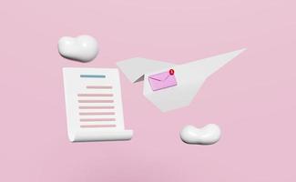 3d paper plane with flying closed envelope, wings, cloud, clipboard white checklist paper isolated on pink background. notify newsletter, online incoming email concept, 3d render illustration photo