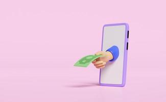 3d gastar dinero, contribuir, liquidar el pago por concepto de teléfono inteligente, manos de dibujos animados sosteniendo el pago de billetes por icono de bienes aislado en fondo rosa. depósito de teléfono móvil, ahorro de dinero, render 3d foto