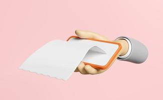 3d hand holding smartphone with bill receipt paper icons isolated on pink background. hand using mobile phone, invoice, electronic bill, minimal concept, 3d render illustration photo