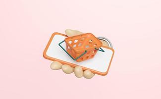 3d hand holding smartphone with orange basket isolated on pink background. hand using mobile phone, online shopping, minimal concept, 3d render illustration photo