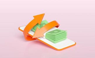 3d mobile phone, orange smartphone with money banknote, stack isolated on pink background. transfer arrows, cashback, saving money wealth business, cashback money refund concept,3d render illustration photo