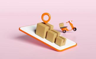 3d orange mobile phone or smartphone with pin, scooter, goods cardboard box isolated on pink background. Online delivery or online order tracking concept, 3d render illustration photo