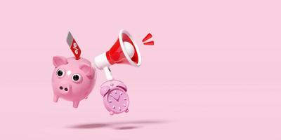 clock alarm with piggy bank, megaphone, discount sales isolated on pink. price tags coupon, announce promotion news, last minute offer, flat sales, saving money, 3d render illustration, clipping path photo