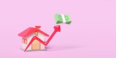 3d red house icon with arrow graph, banknote stack isolated on pink background. buying a house, renting, house and land prices increase. concept, 3d render illustration, clipping path photo