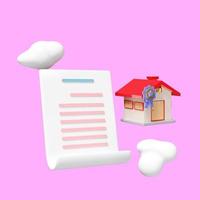 purchase contract, mortgage, real estate, house with certificate icon quality guarantee ribbon and star for award, float cloud isolated on pink background. 3d render illustration, clipping path photo