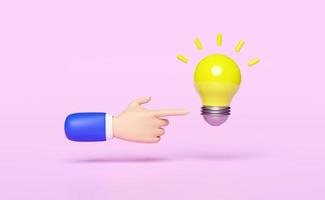 3d pointing finger with yellow light bulb isolated on pink background. idea tip education, knowledge creates ideas concept, minimal abstract, 3d render illustration photo