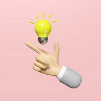 3d render illustration, 3d businessman hand pointing finger with yellow light bulb isolated on pink background. idea tip education, knowledge creates ideas concept, minimal abstract photo