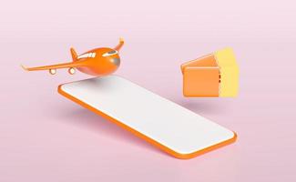 3d airplane ticket booking, orange smartphone, mobile phone, summer travel service, planning traveler tourism isolated on pink background. screen template, mockup concept, 3d render illustration photo