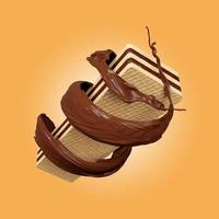 3d crispy wafer sticks with hot chocolate splash whirlpool isolated on brown background. advertising for packaging, 3d render illustration, clipping path photo