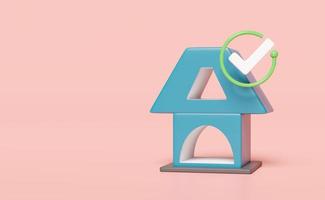 3d blue house with check marks, tick marks symbols isolated on pink background. online shopping, quality guarantee concept, 3d render illustration, clipping path photo