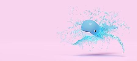 Ballena inflable azul 3d con salpicaduras de agua, espacio de copia aislado en fondo rosa. concepto de viaje de verano, ilustración de presentación 3d foto