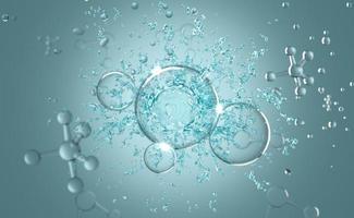 3d atom or molecule with water splash for medical science background. Abstract structure chemical, 3d render illustration photo