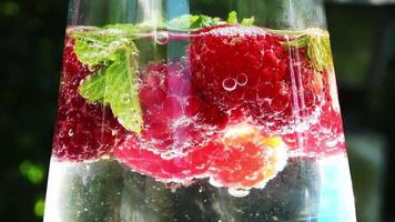 vue rapprochée sur les framboises et les feuilles de menthe dans un soda avec des bulles video