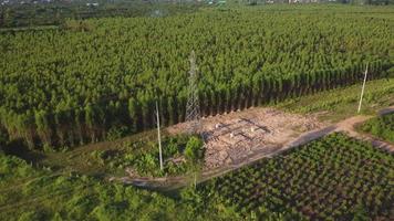 Aerial view of excavators are working on the foundations of high-voltage pylons and the legs of high-voltage poles. Top view of construction of power lines in the forest. video