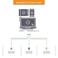 computadora. dispositivos. móvil. sensible. diseño de diagrama de flujo de negocio de tecnología con 3 pasos. icono de glifo para el lugar de plantilla de fondo de presentación para texto. vector