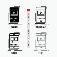 media. music. player. video. mobile Icon in Thin. Regular. Bold Line and Glyph Style. Vector illustration