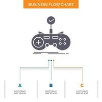 Check. controller. game. gamepad. gaming Business Flow Chart Design with 3 Steps. Glyph Icon For Presentation Background Template Place for text. vector