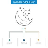 luna. noche. estrella. clima. diseño de diagrama de flujo de negocios espaciales con 3 pasos. icono de línea para el lugar de plantilla de fondo de presentación para texto vector