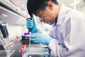 retrato de laboratorio de investigación médica de un científico masculino asiático en gafas usando micro pipeta para análisis de prueba. laboratorio científico avanzado para el desarrollo de la medicina, la biotecnología y la microbiología foto