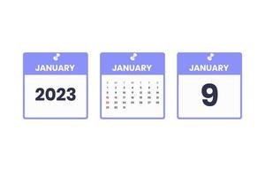 January calendar design. January 9 2023 calendar icon for schedule, appointment, important date concept vector