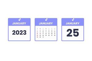 diseño de calendario de enero. 25 de enero de 2023 icono de calendario para horario, cita, concepto de fecha importante vector