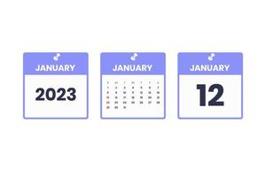 January calendar design. January 12 2023 calendar icon for schedule, appointment, important date concept vector